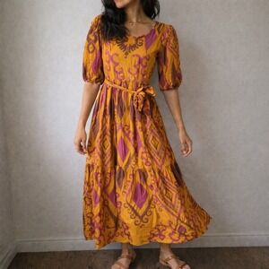 Maude Vivante Ikat Cotton Maxi Dress Women's Size‎ S Orange Pink Vacation Boho